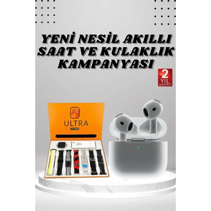 Mey İthalat® 7 Kordonlu Akıllı Saat Ve 3.Nesil Kulaklık Dokunmatik Ekran Sesli Görüşme Yapabilen