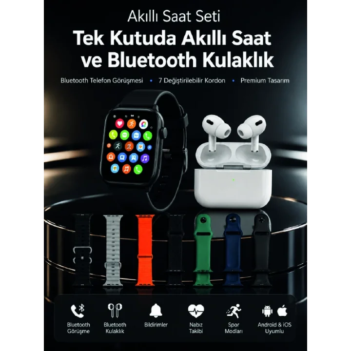 Mey İthalat® 7 Kordonlu Akıllı Saat ve Bluetooth Kulaklık Seti Nabız Takibi, Bildirimler ve Spor Modları