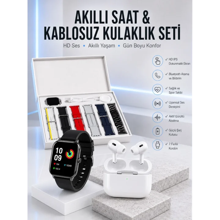 Mey İthalat® 7 Kordonlu Akıllı Saat Ve Yeni Nesil Kulaklık Dokunmatik Ekran Android ve İOS Uyumlu