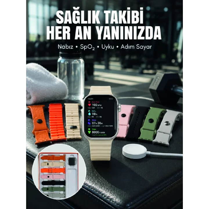 Mey İthalat® 7li Kordon Setli Akıllı Saat Bluetooth Görüşme Bildirim Destekli Çok Fonksiyonlu Smart Watch