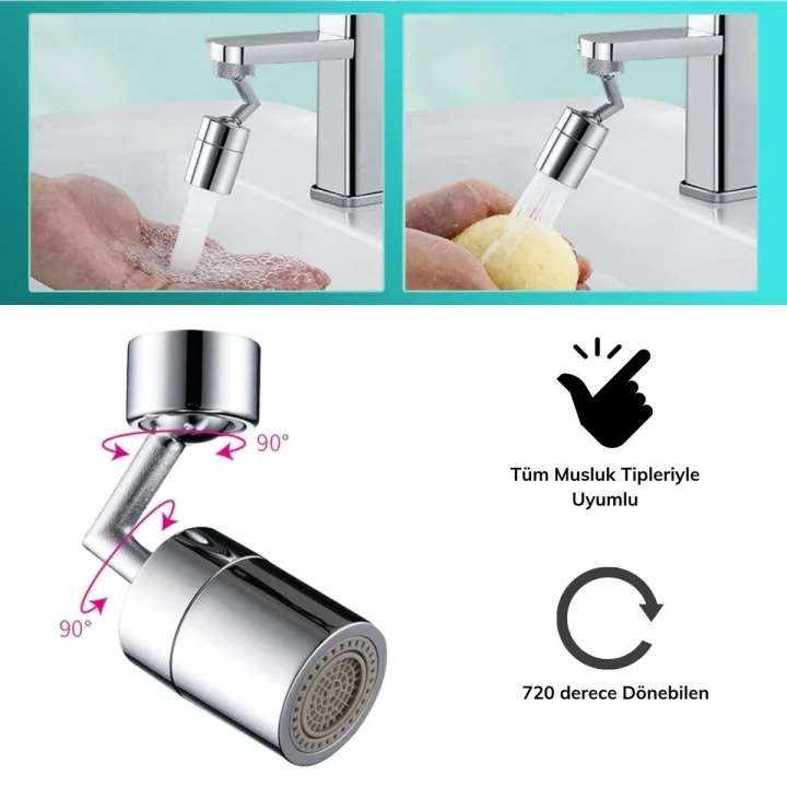 Mey İthalat®   720 Derece Dönebilen 4 Filtreli Tüm Musluk Tipleri İle Uyumlu Montaj Aparatlı Musluk Başlık