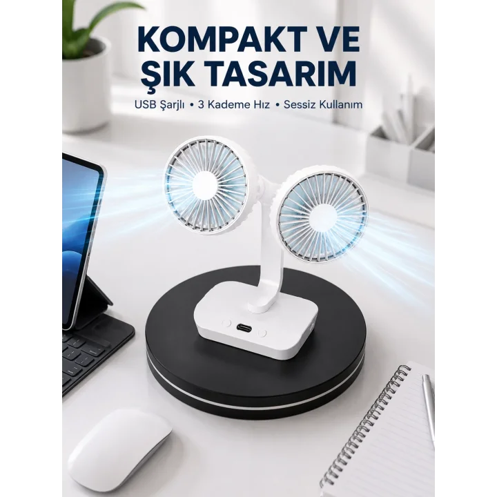 Mey İthalat® 720° Döner Çift Taraflı Masaüstü Vantilatör – USB Şarjlı Sessiz Fan