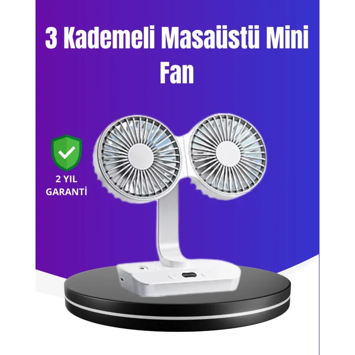 Mey İthalat® 720° Döner Çift Taraflı Masaüstü Vantilatör – USB Şarjlı Sessiz Fan