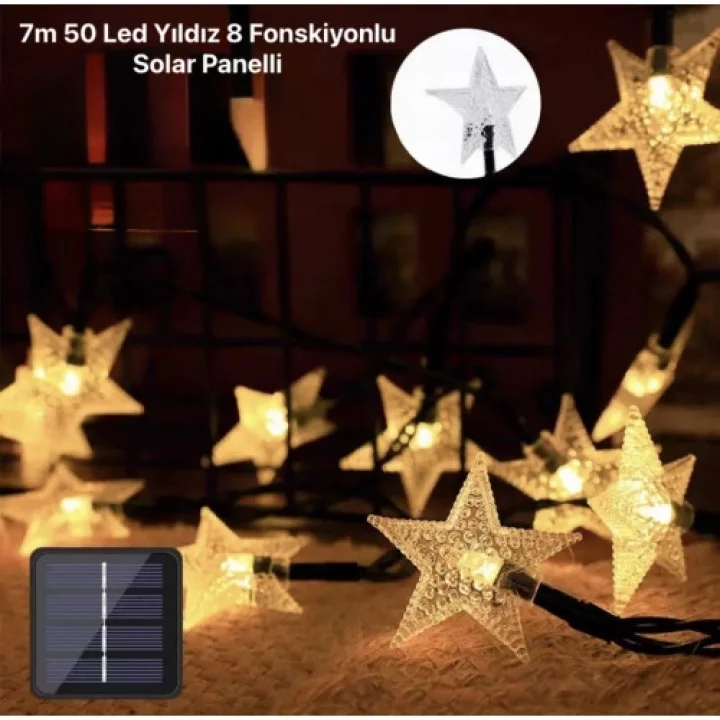 Mey İthalat® 7m 50 Led Yıldız 8 Fonksiyonlu Solar Panelli-Gün Işığı