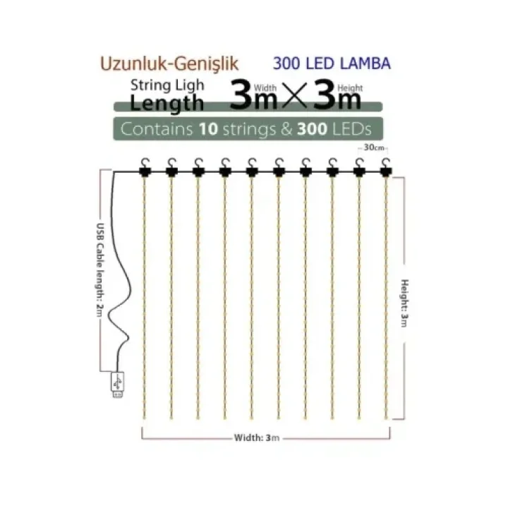 Mey İthalat® 8 Fonksiyonlu Uzaktan Kumandalı Peri Perde Led - 3x3 Metre Günışığı