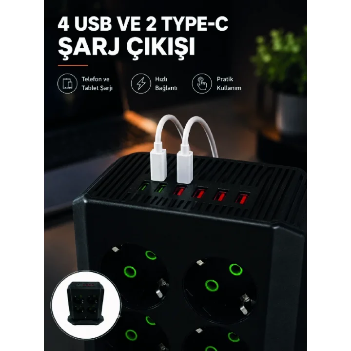 Mey İthalat® 8li Dikey Çoklu Priz 4 USB 2 Type-C Akım Korumalı Anahtarlı Priz