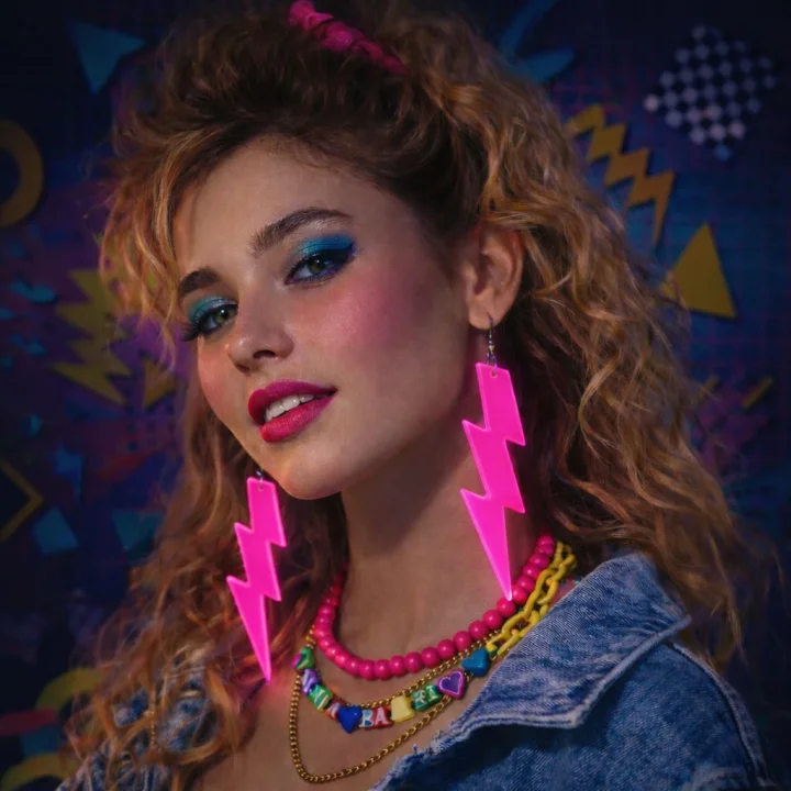 Mey İthalat® 80’ler 90&amp;#39;lar Retro Neon Pembe Şimşek Küpe 10 cm