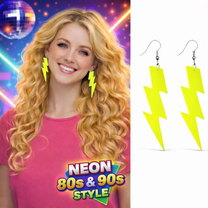 Mey İthalat® 80’ler 90&amp;#39;lar Retro Neon Sarı Şimşek Küpe 10 cm