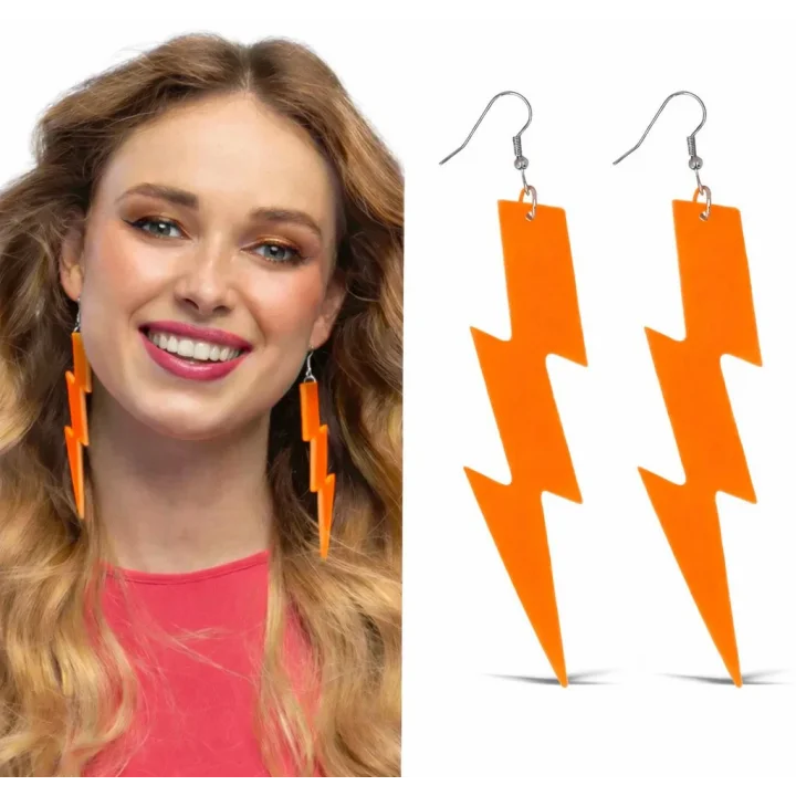 Mey İthalat® 80’ler 90&amp;#39;lar Retro Neon Turuncu Şimşek Küpe 10 cm