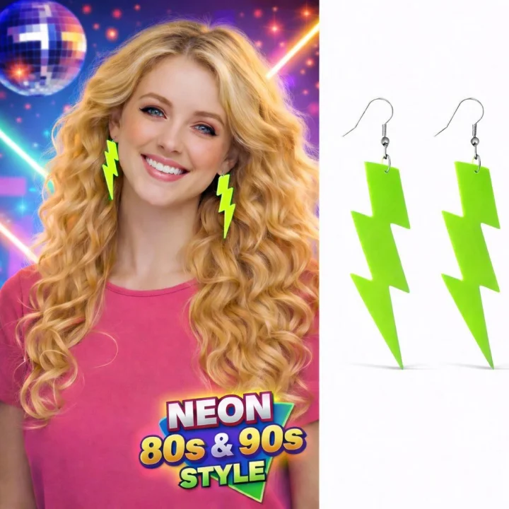 Mey İthalat® 80’ler 90&amp;#39;lar Retro Neon Yeşil Şimşek Küpe 10 cm