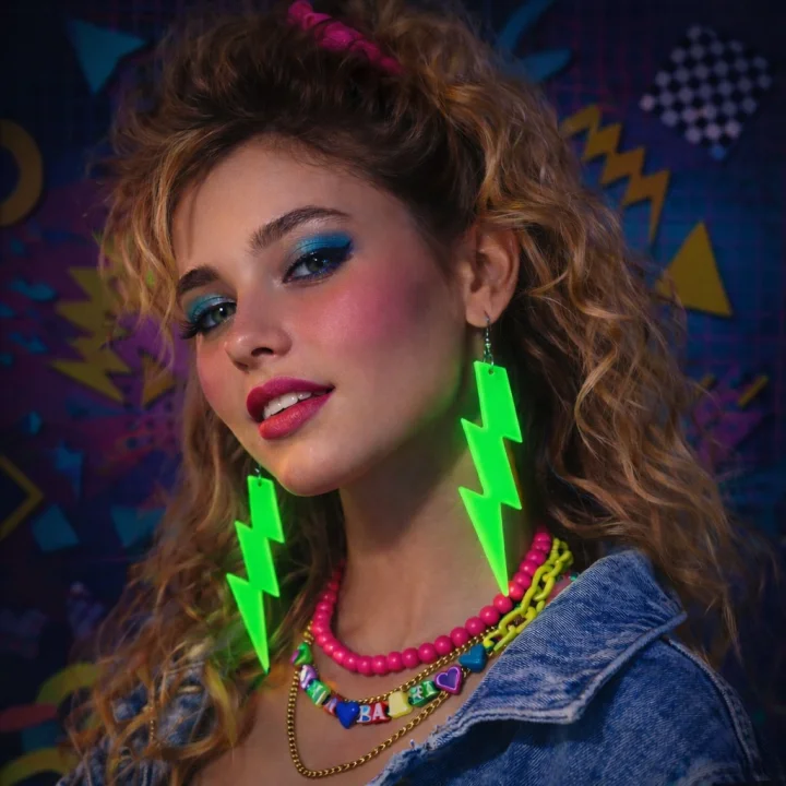 Mey İthalat® 80’ler 90&amp;#39;lar Retro Neon Yeşil Şimşek Küpe 10 cm