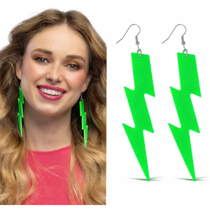 Mey İthalat® 80’ler 90&amp;#39;lar Retro Neon Yeşil Şimşek Küpe 10 cm