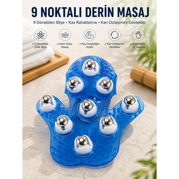 Mey İthalat® 9 Bilyeli El Şeklinde Omuz Bacak Masaj Aleti Masaj Eldiveni Giyilebilir Plastik Vücut Sıkılaştırıcı