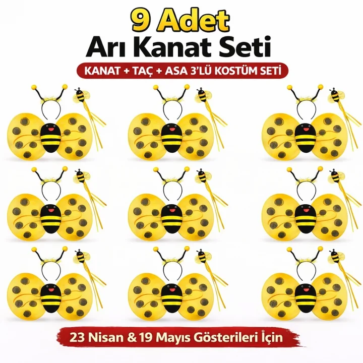 Mey İthalat® 9’lu Arı Kostüm Seti – Kanat Taç Asa