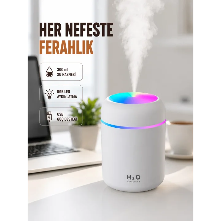 Mey İthalat® ABS Gövdeli 300ml USB Nemlendirici – Beyaz, Gri, Pembe Renk