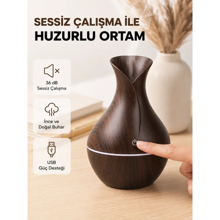 Mey İthalat® Ahşap Desenli Aromaterapi Difüzör 130 ml Ultrasonik ve 7 Renk LED Işıklı