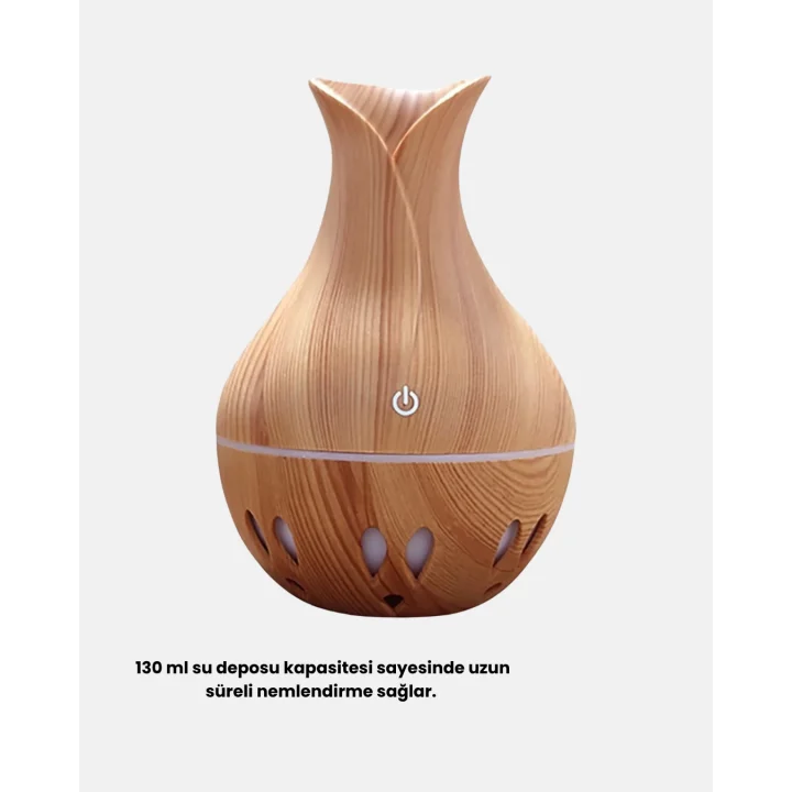 Mey İthalat® Ahşap Desenli Aromaterapi Difüzör 130 ml Ultrasonik ve 7 Renk LED Işıklı