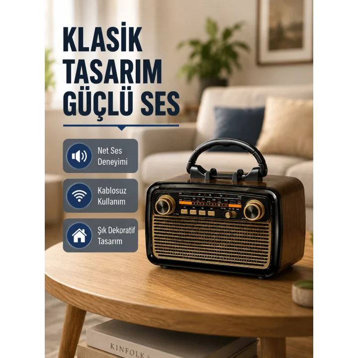 Mey İthalat® Ahşap Dokulu Bluetooth Müzik Kutusu – Vintage LED Tasarımıyla Modern Ses Deneyimi
