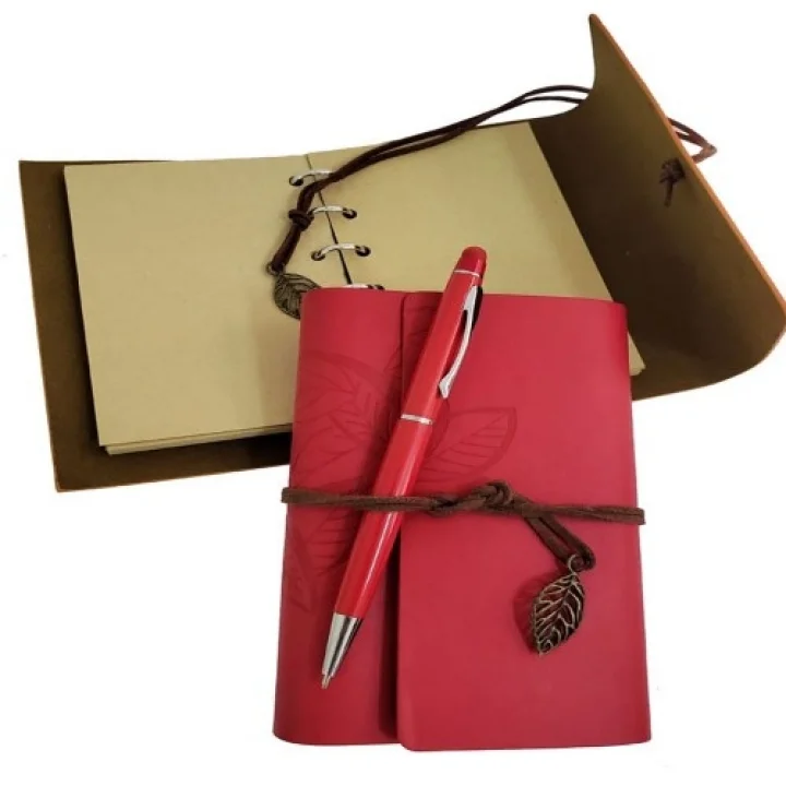 Mey İthalat® Ahşap Kutulu Kırmızı Deri Defter ve Metal Kalem Set
