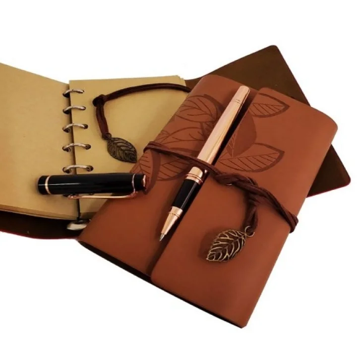 Mey İthalat® Ahşap Kutulu Taba Renk Deri Defter ve Kalem Set
