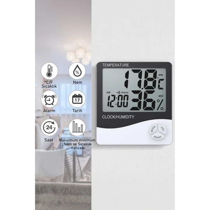 Mey İthalat® Akıllı Dijital Nem Sıcaklık Ölçer Termometre Masa Saati Fonksiyonel Ev Oda Ortam Dijital Sensörlü
