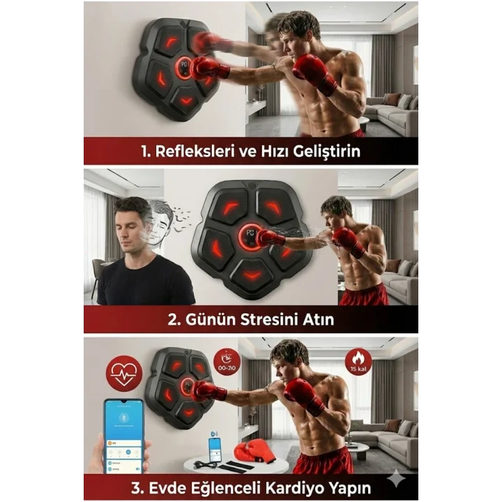 Mey İthalat® Akıllı Duvar Boks Hedefi: Bluetooth Müzikli, Işıklı Refleks ve Stres Atma