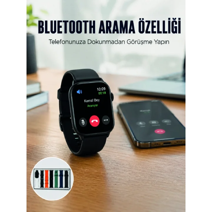 Mey İthalat® Akıllı Saat 7 Kordonlu Bluetooth Aramalı Nabız ve Dokunmatik Akıllı Saat