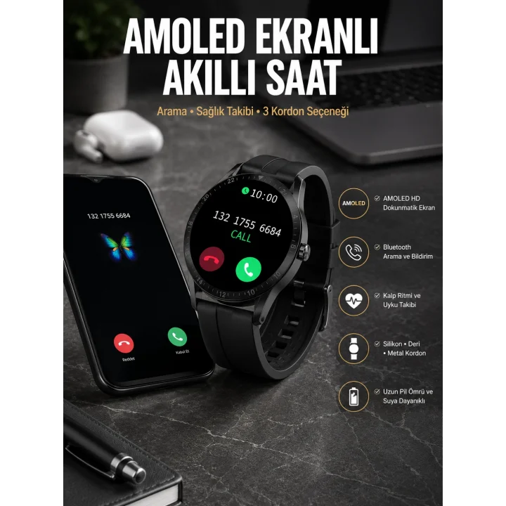 Mey İthalat® Akıllı Saat Amoled Ekran 3 Kordonlu NFC Ve GPS Uyumlu