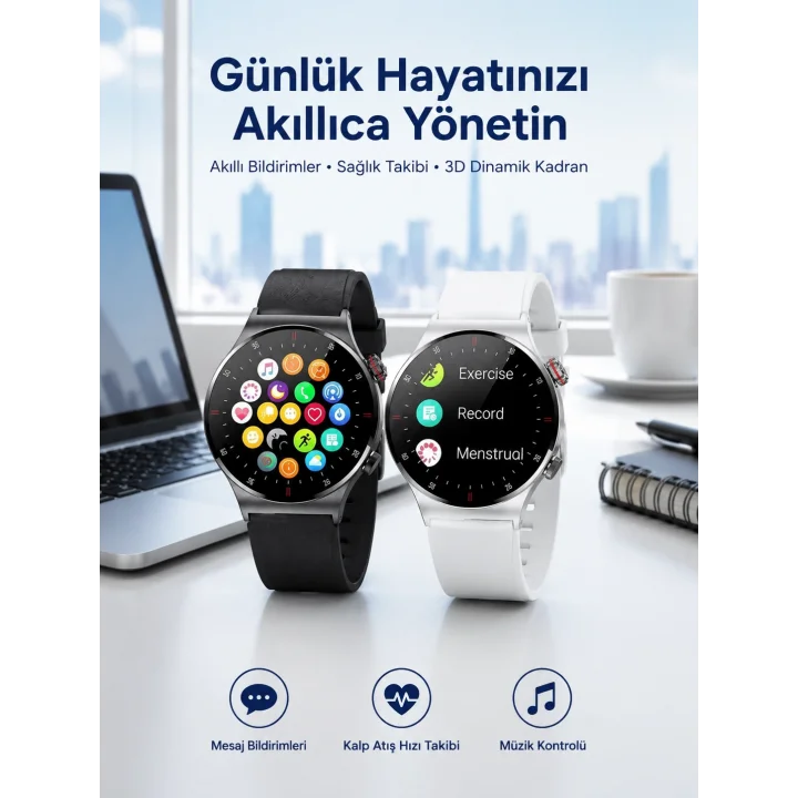 Mey İthalat® Akıllı Saat Amoled Ekran Bluetooth Bağlantılı Sesli Görüşme Nabız Ölçer