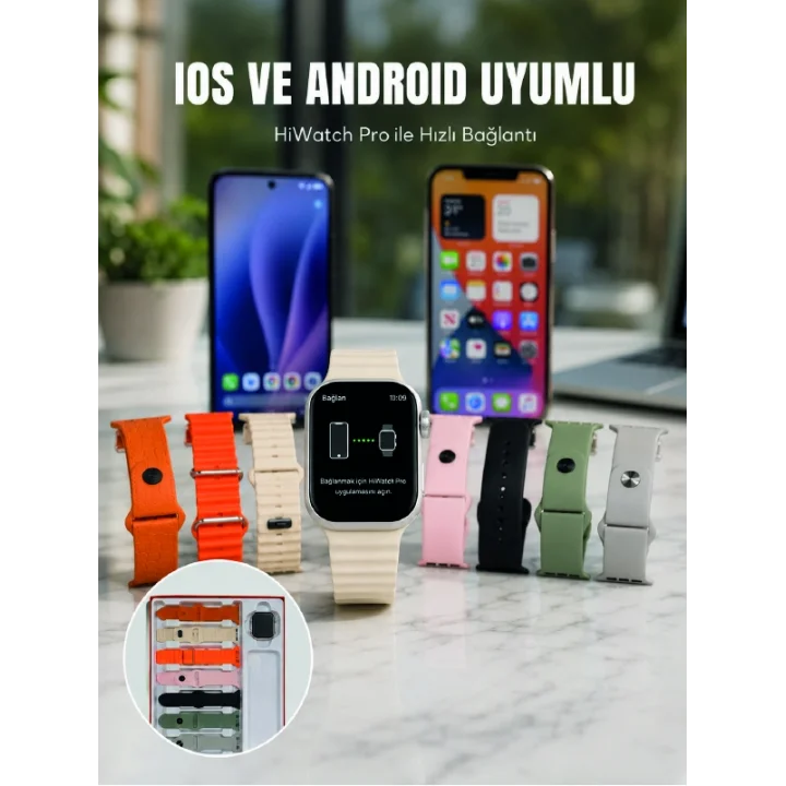 Mey İthalat® Akıllı Saat Bluetooth Arama Özellikli 7 Kordonlu Spor ve Günlük Kullanıma Uygun