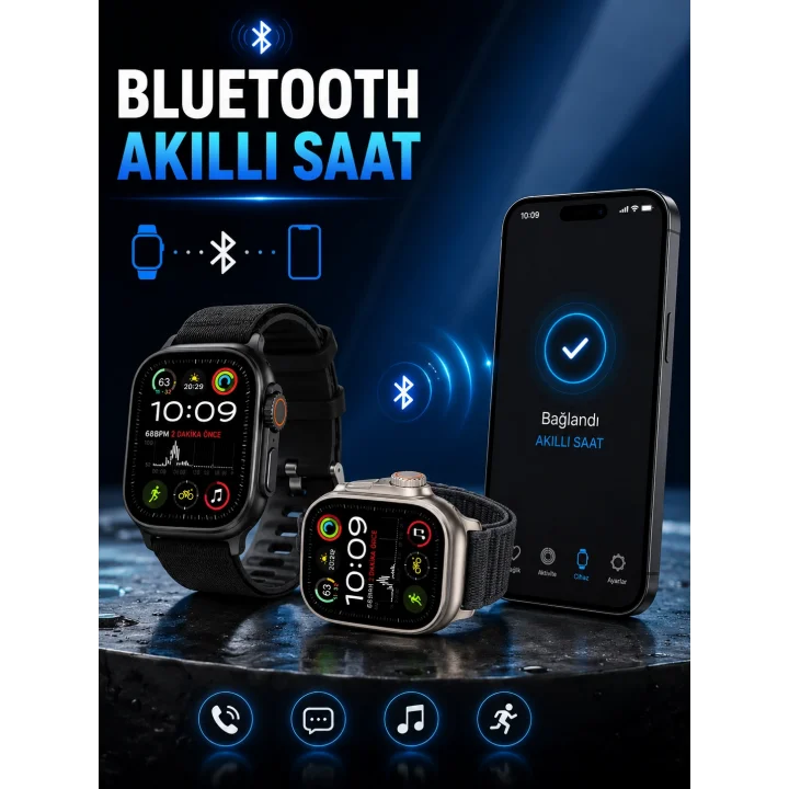 Mey İthalat® Akıllı Saat Bluetooth Bağlantılı Adımsayar Alarm ve Hatırlatıcı Çağrı Cevaplama