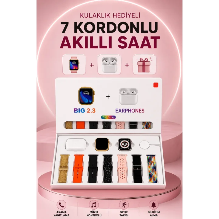 Mey İthalat® Akıllı Saat Bluetooth Kulaklık Hediyeli Bildirim Görme Sesli Görüşme Çoklu Kordon