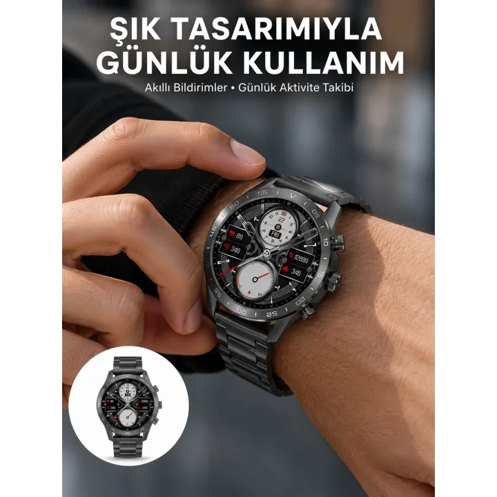 Mey İthalat® Akıllı Saat Çelik Kordon Çağrı Cevaplama Amoled Ekran Titreşimli Uyku ve Sağlık Takibi Yeni Nesil