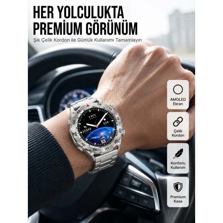 Mey İthalat® Akıllı Saat Çelik Kordonlu Amoled Ekran Android ve İOS Uyumlu Çağrı Cevaplayabilen Yeni Nesil