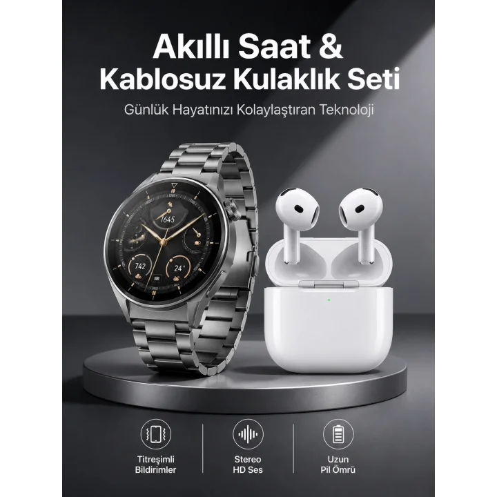 Mey İthalat® Akıllı Saat ve Kulaklık Seti Bildirim Görme Arama Cevaplama ANC Özelliği