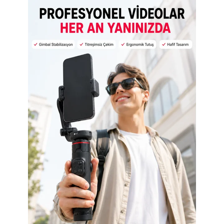 Mey İthalat® Akıllı Takipli Gimbal Selfie Stick Profesyonel Video Çekim Stabilizatörü Uzayabilir Tripod Bluetooth Kumandalı