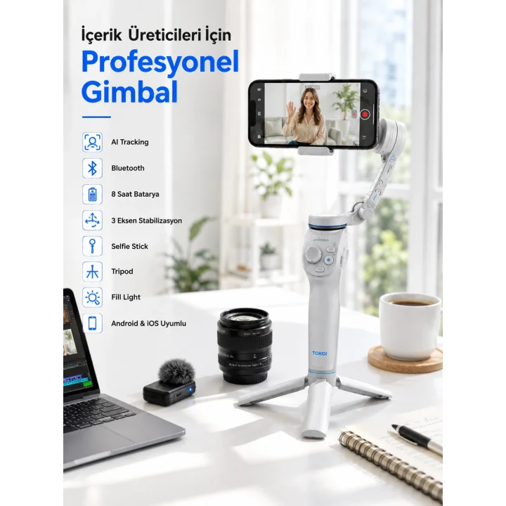 Mey İthalat® Akıllı Telefon Gimbal Sabitleyici 360° Takip Özellikli Profesyonel Video Çekim Stabilizeri