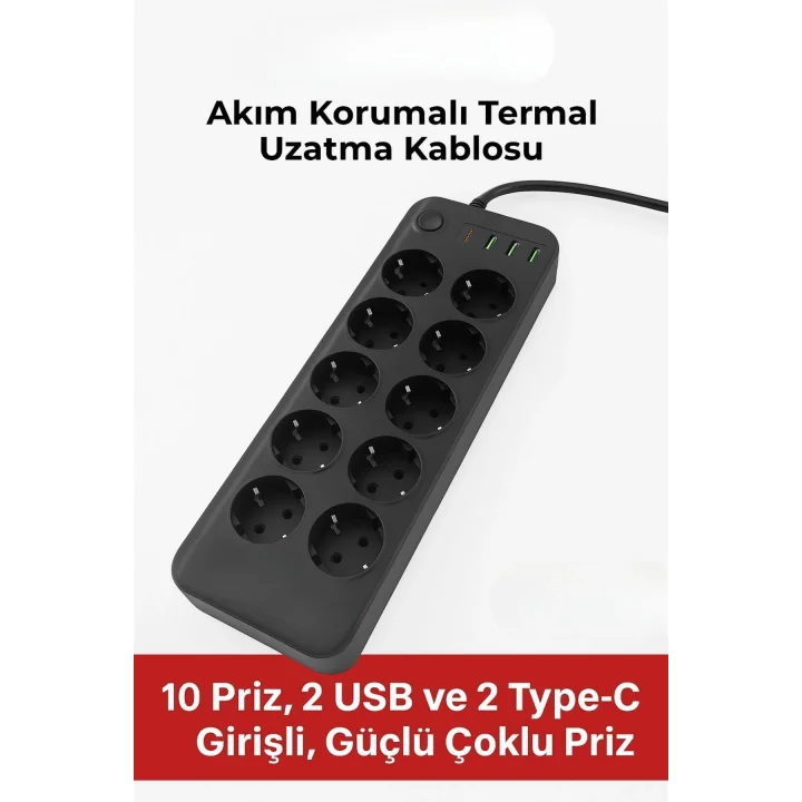 Mey İthalat®  Akım Korumalı Termal Uzatma Kablosu – 10 Priz, 2 USB ve 2 Type-C Girişli, Güçlü Çoklu Priz