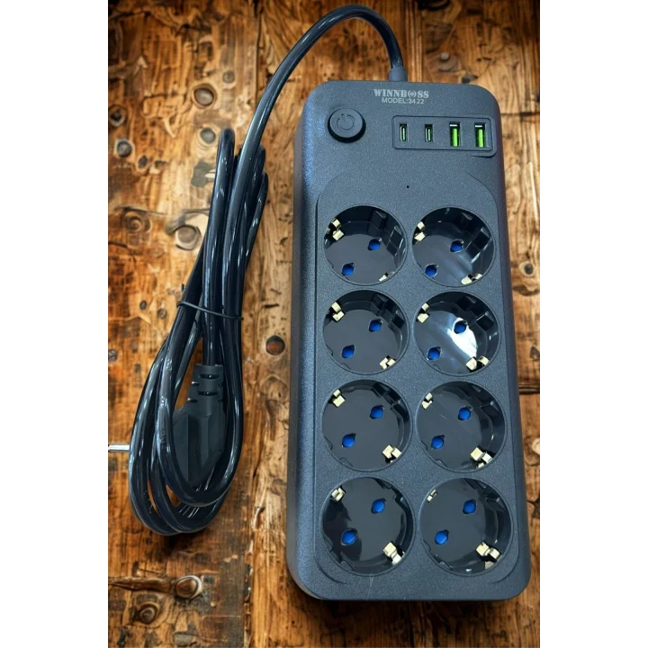 Mey İthalat®  Akım Korumalı Termal Uzatma Kablosu – 8 Priz, 2 USB ve 2 Type-C Girişli, Güçlü Çoklu Priz