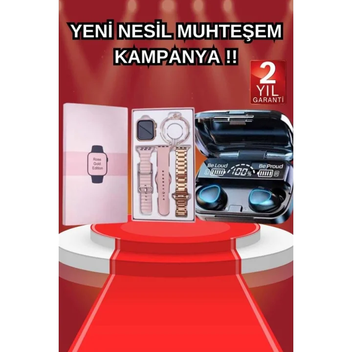 Mey İthalat® Aksesuar Hediyeli Akıllı Saat ve Dijital Göstergeli Powerbankli Bluetooth Kulaklık