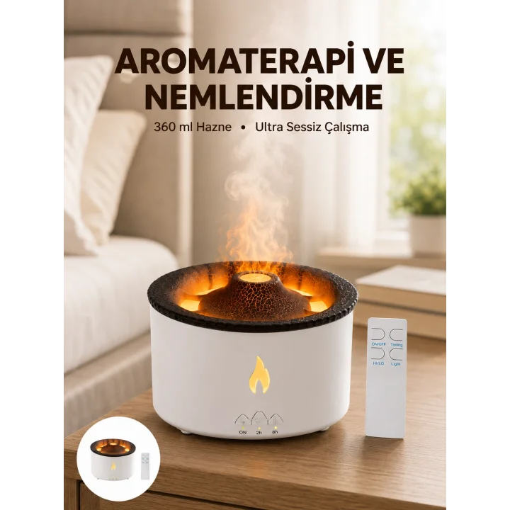 Mey İthalat® Alev Efektli Aromaterapi Difüzörü – 360 ml Su Hazneli, Sessiz ve Zaman Ayarlı Yeni Nesil