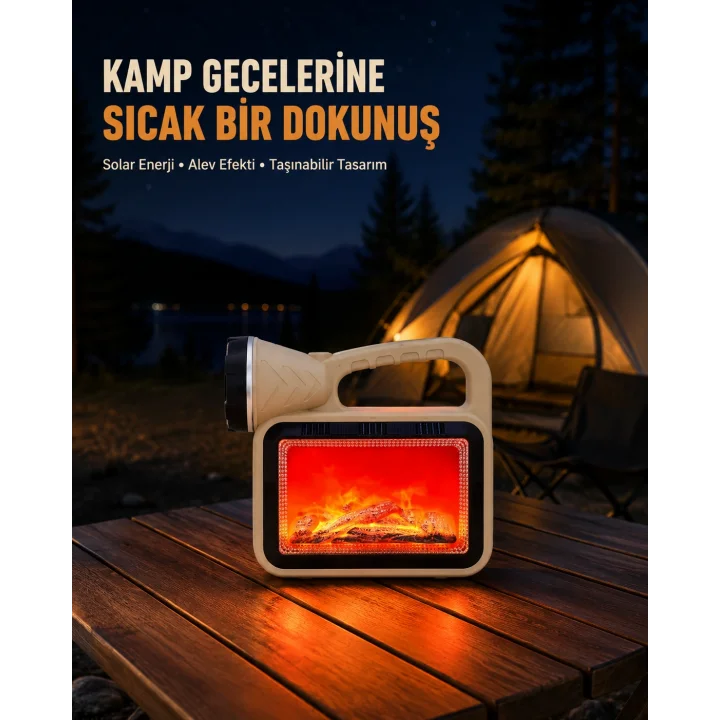 Mey İthalat® Alev Efektli Solar Lamba COB Işıklı Taşınabilir Bahçe Kamp Aydınlatma