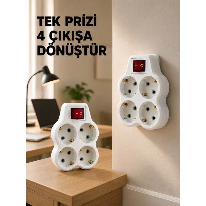 Mey İthalat® Anahtarlı 4’lü Priz Adaptörü Direkt Duvar Prizine Takılan Priz Çoklayıcı 2’li Set
