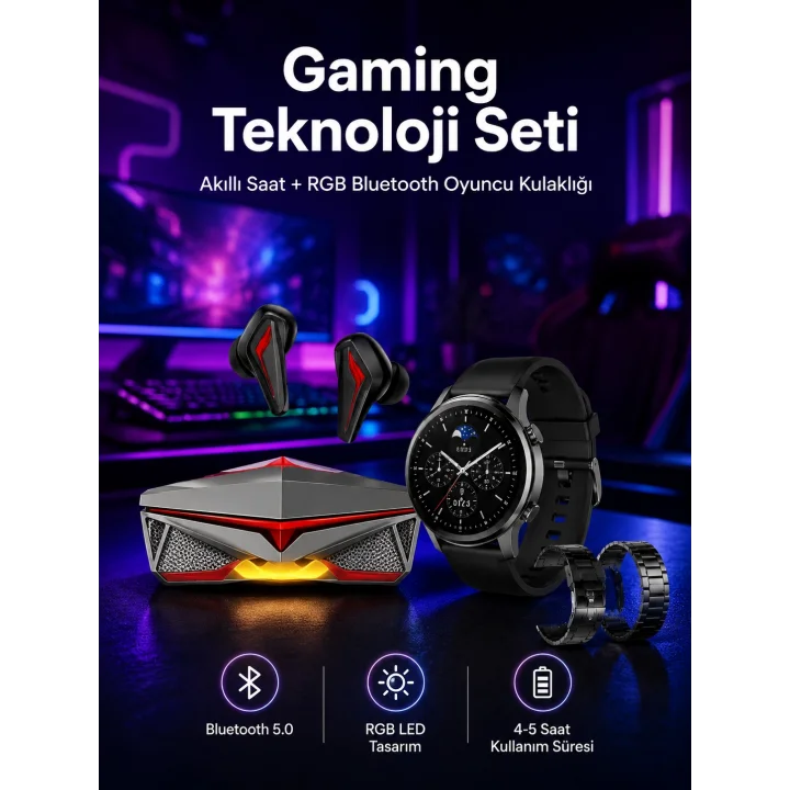 Mey İthalat® ANC Özellikli Bluetooth Kulaklık ve Amoled Ekran Akıllı Saat Uyku ve Sağlık Takibi Nabız Ölçer