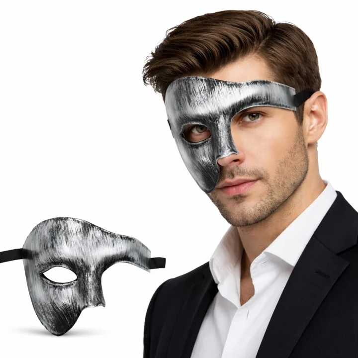 Mey İthalat® Antik Eskitme Gümüş Erkek Yarım Maske - Phantom &amp; Balo Maskesi