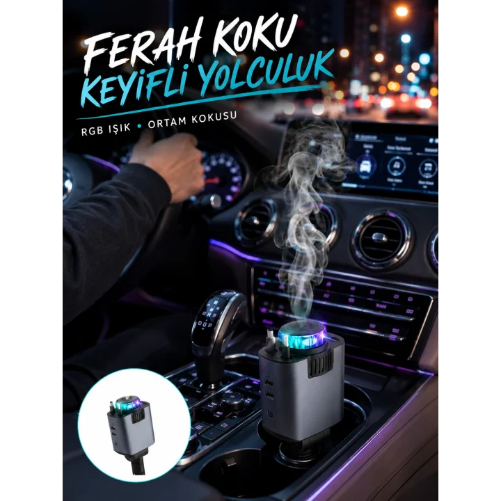 Mey İthalat® Araç Çakmak Girişli Şarj Cihazı Nemlendirici ve Aromaterapi Özellikli Yeni Nesil