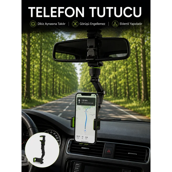 Mey İthalat® Araç İçi Dikiz Aynası Telefon Tutucu 360° Dönebilen Katlanabilir