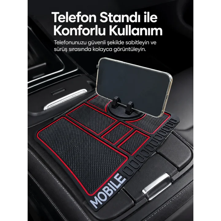 Mey İthalat® Araç İçi Telefon Standlı Kaydırmaz Silikon Organizer Mat Konsol Düzenleyici