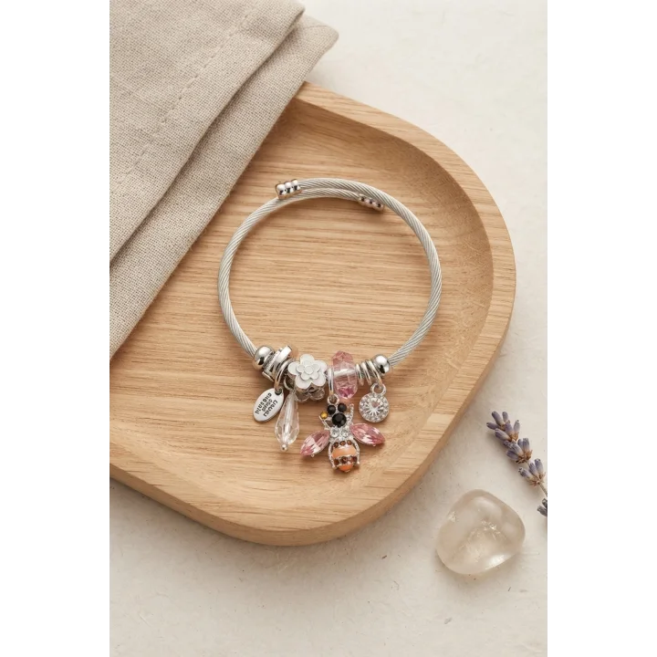 Mey İthalat® Arı ve Pembe Çiçek Charmlı Gümüş Renk Bileklik