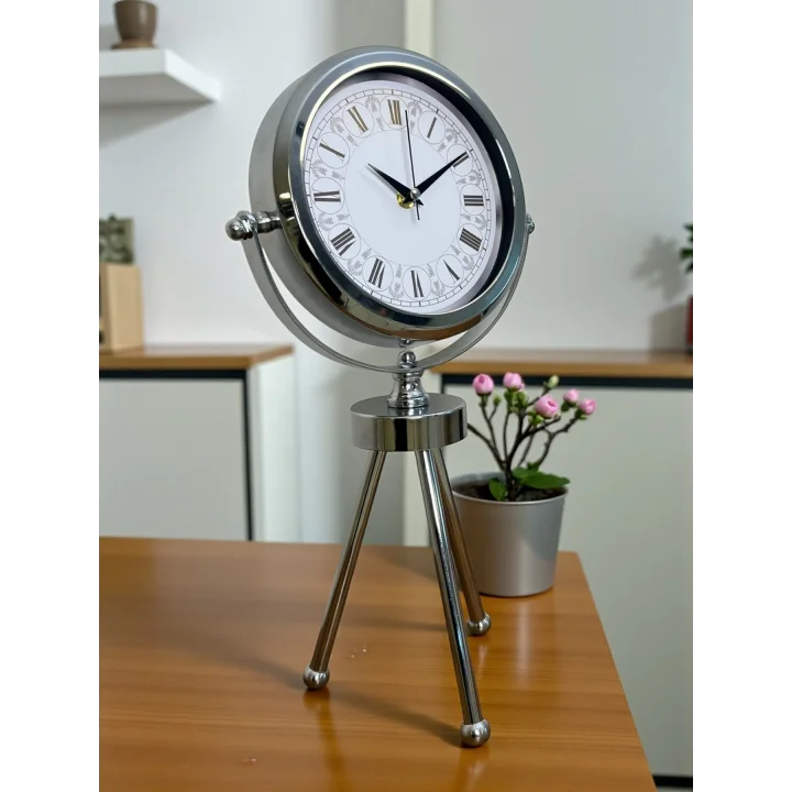 Mey İthalat® Asalet Krom Üç Ayaklı Metal Masa Saati
